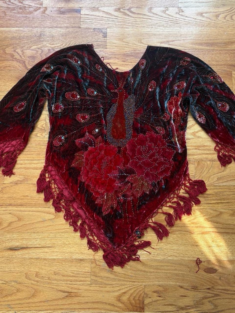 Aris A 90s whimsygoth peacock beaded velvet poncho top